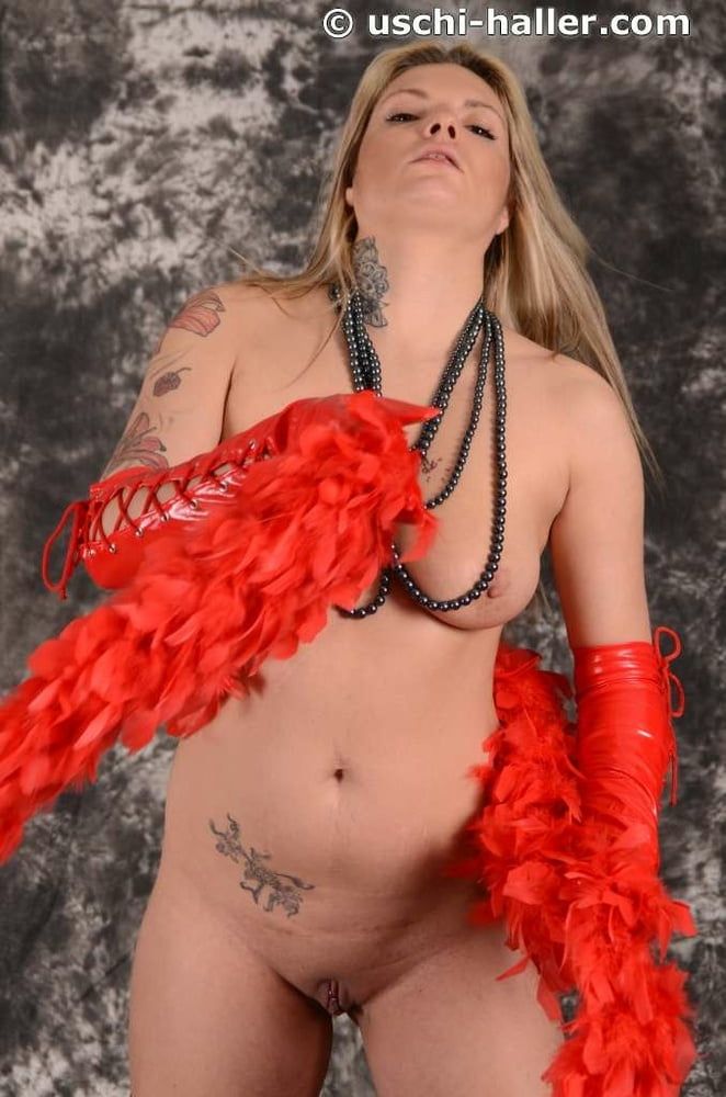 MILF Arabella May in red high boots, gloves & feather boa #26