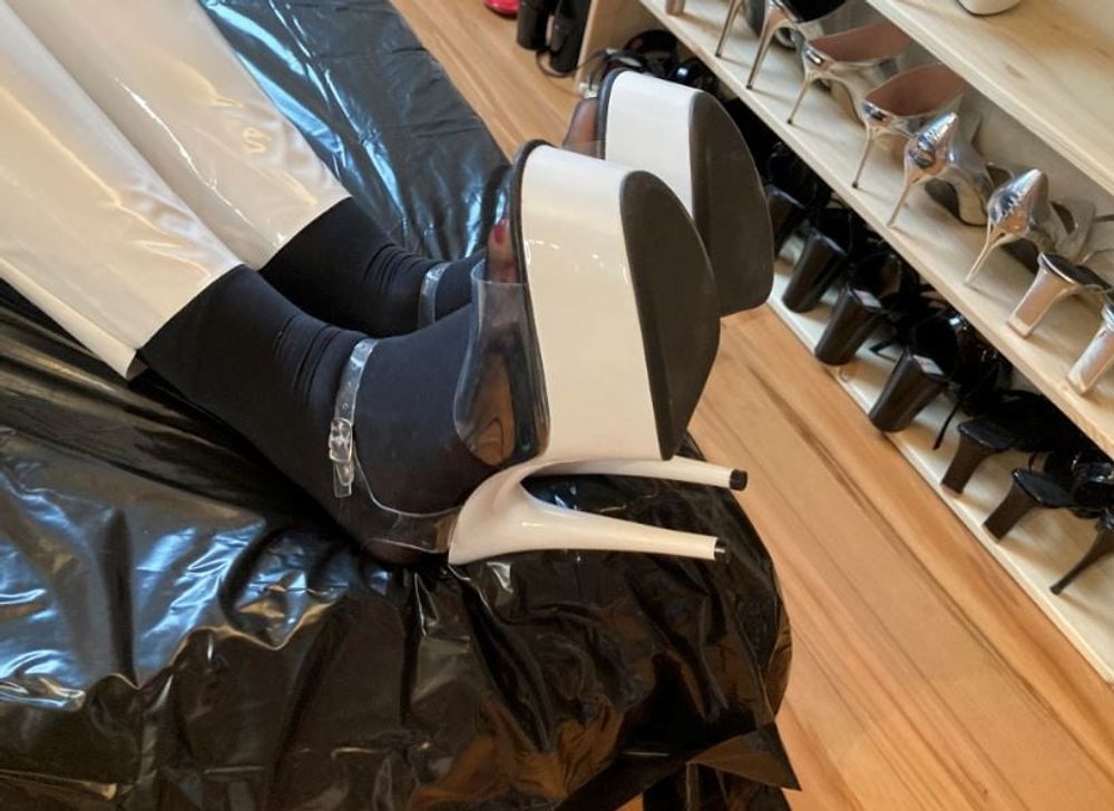 White Heels, White Leggings, Black Nylons #13