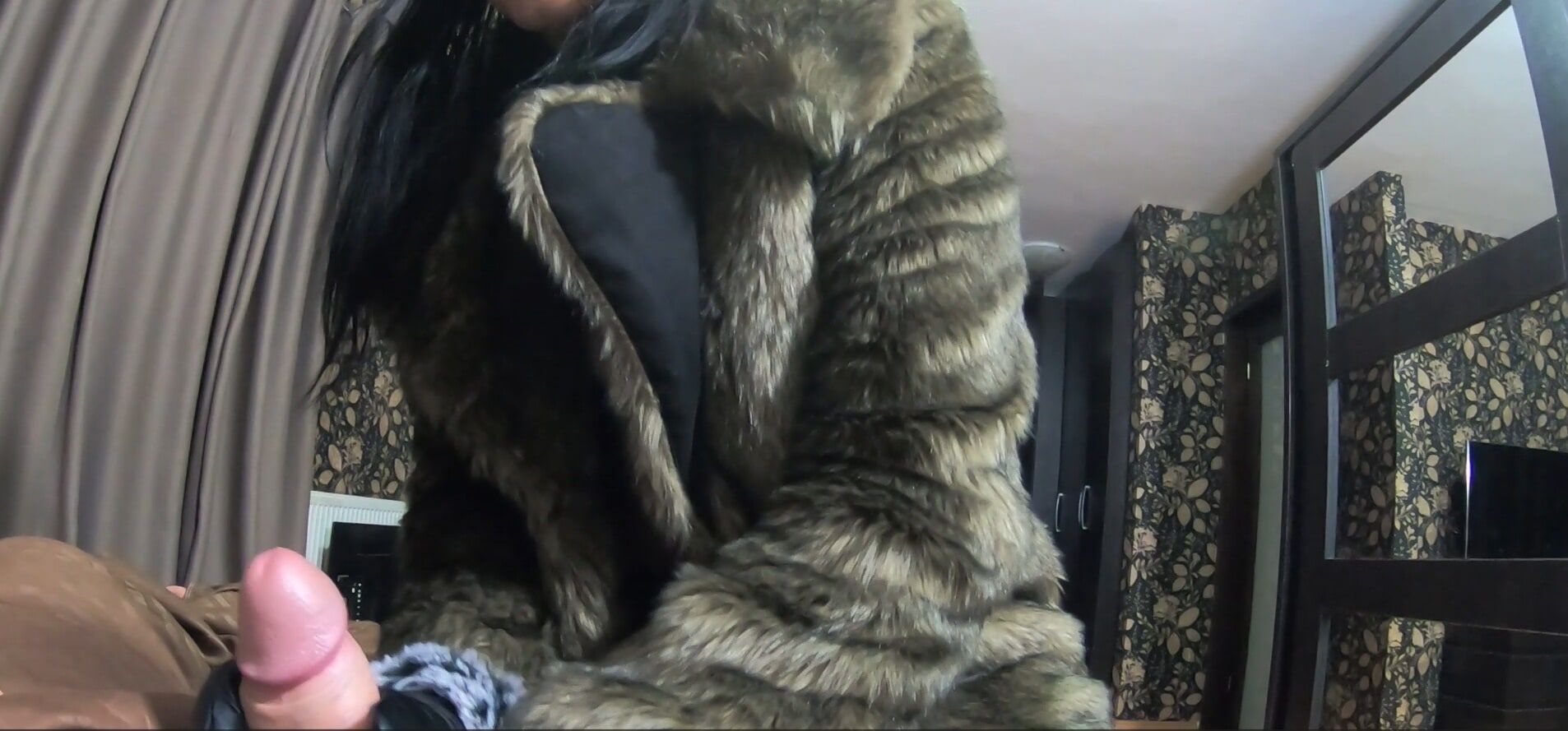 Deep blow-job and cum play while wearing  green fur-coat #8