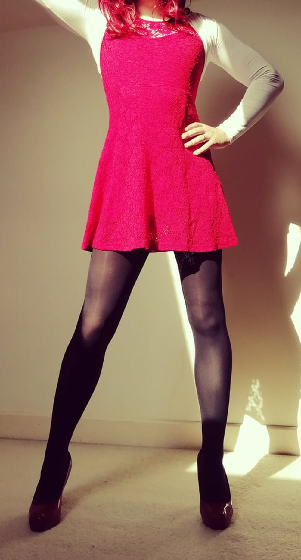 Marie crossdresser in red dress and opaque tights #4