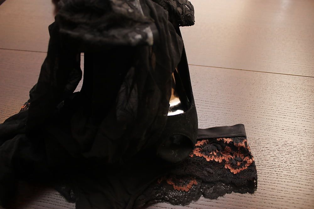 All black:heels, panties, suspenders, stockings, dress, cum #25