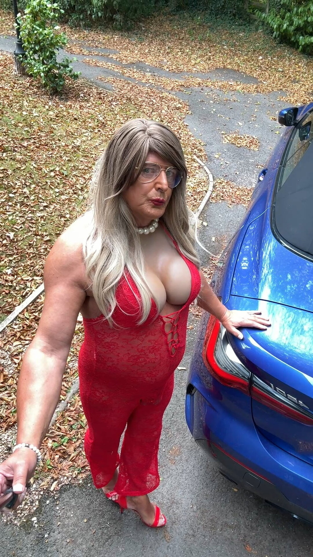 Sexy Crossdresser kellycd2022 in red lace jumpsuit and heels #7