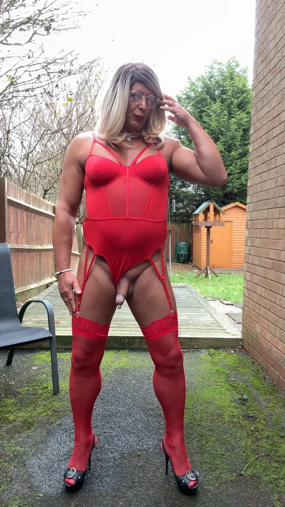 Sexy Crossdresser kellycd2022 in red bodysuit and stockings  #27