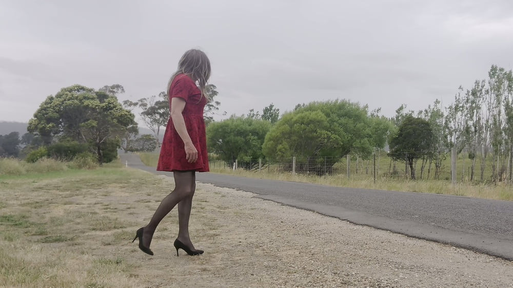 Crossdress road trip red dress #11