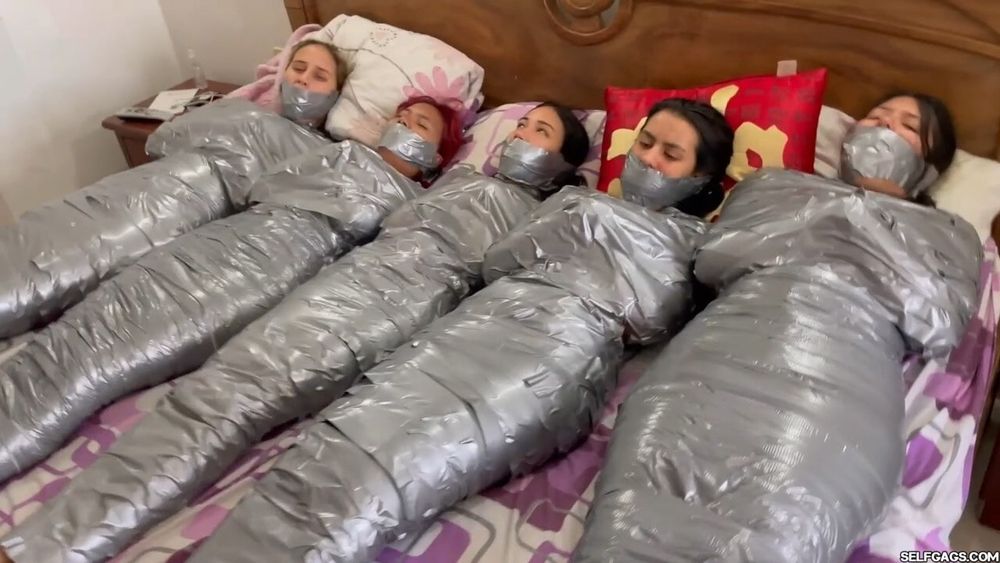 5 Mummified Girls Barefoot In Duct Tape Bondage #4