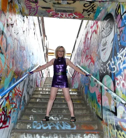 sexy blonde latex dress and graffiti in one photoshoot         