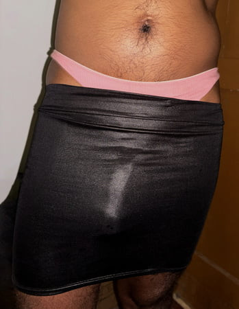 Pink Pantie + Black Leather Tight Mini Skirt Look