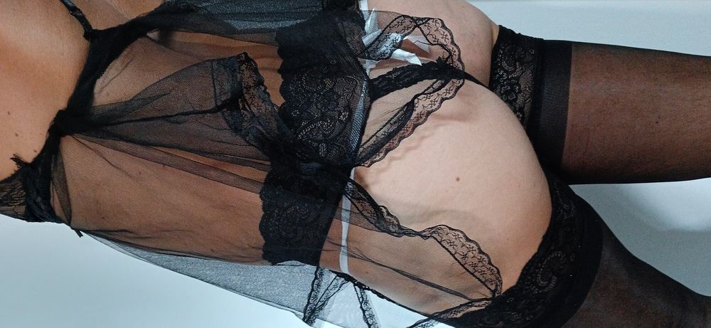 Black stoking white panty and black transparent nightie #16