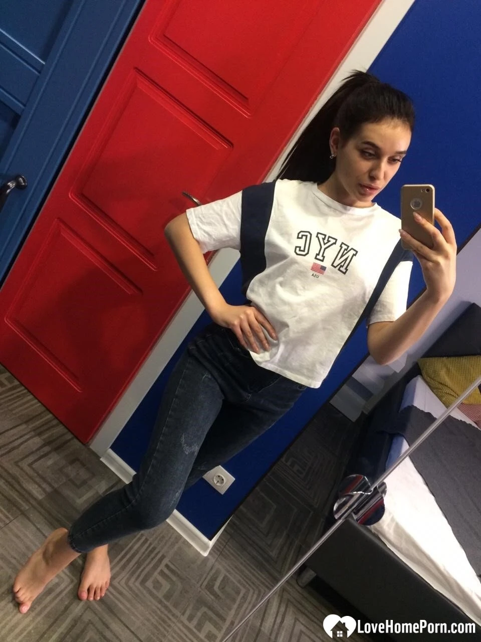 Cute long-haired brunette takes selfies in the bathroom  #44