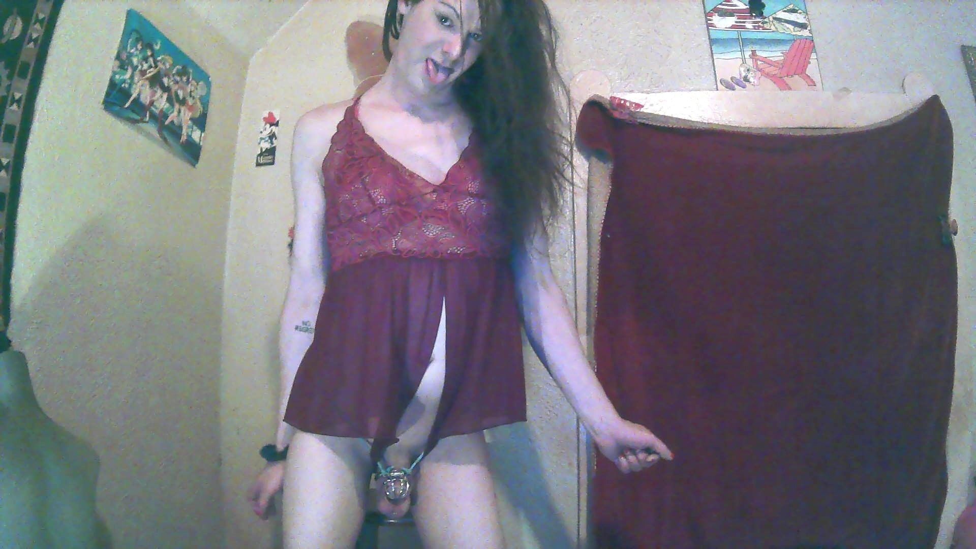 wine crotchless bodysuit and chastity! #3