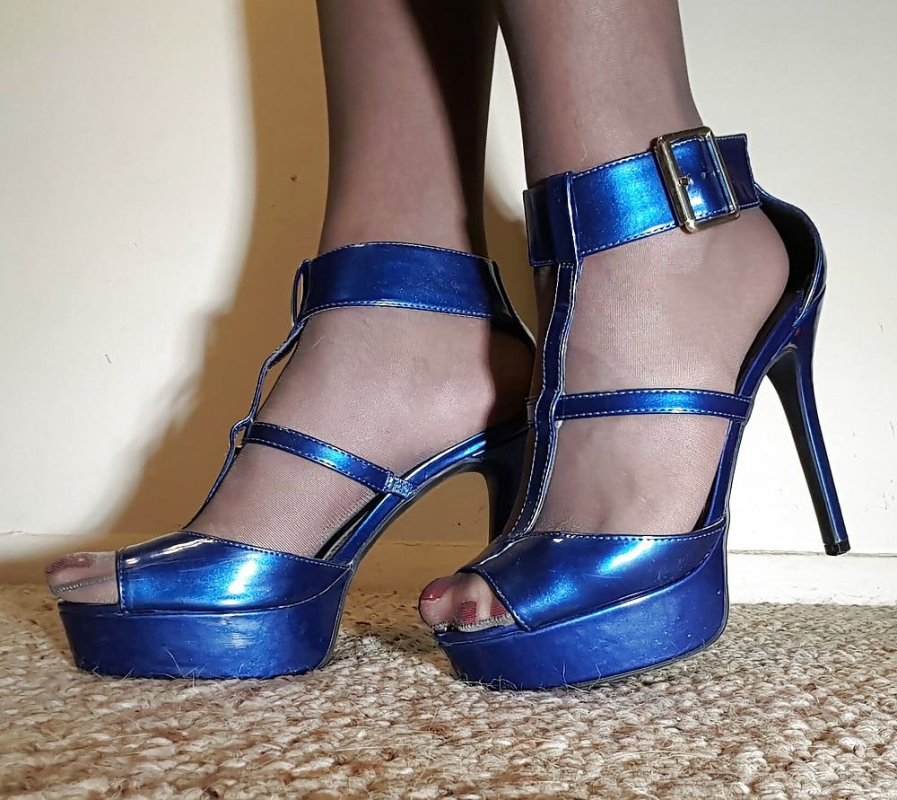 Pantyhose and Shiny Blue Heels #10