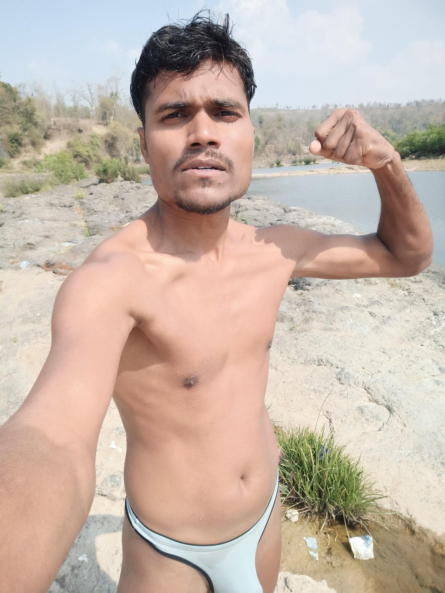 Hot muscular gym boy outdoor in river bathing enjoying swimm #52