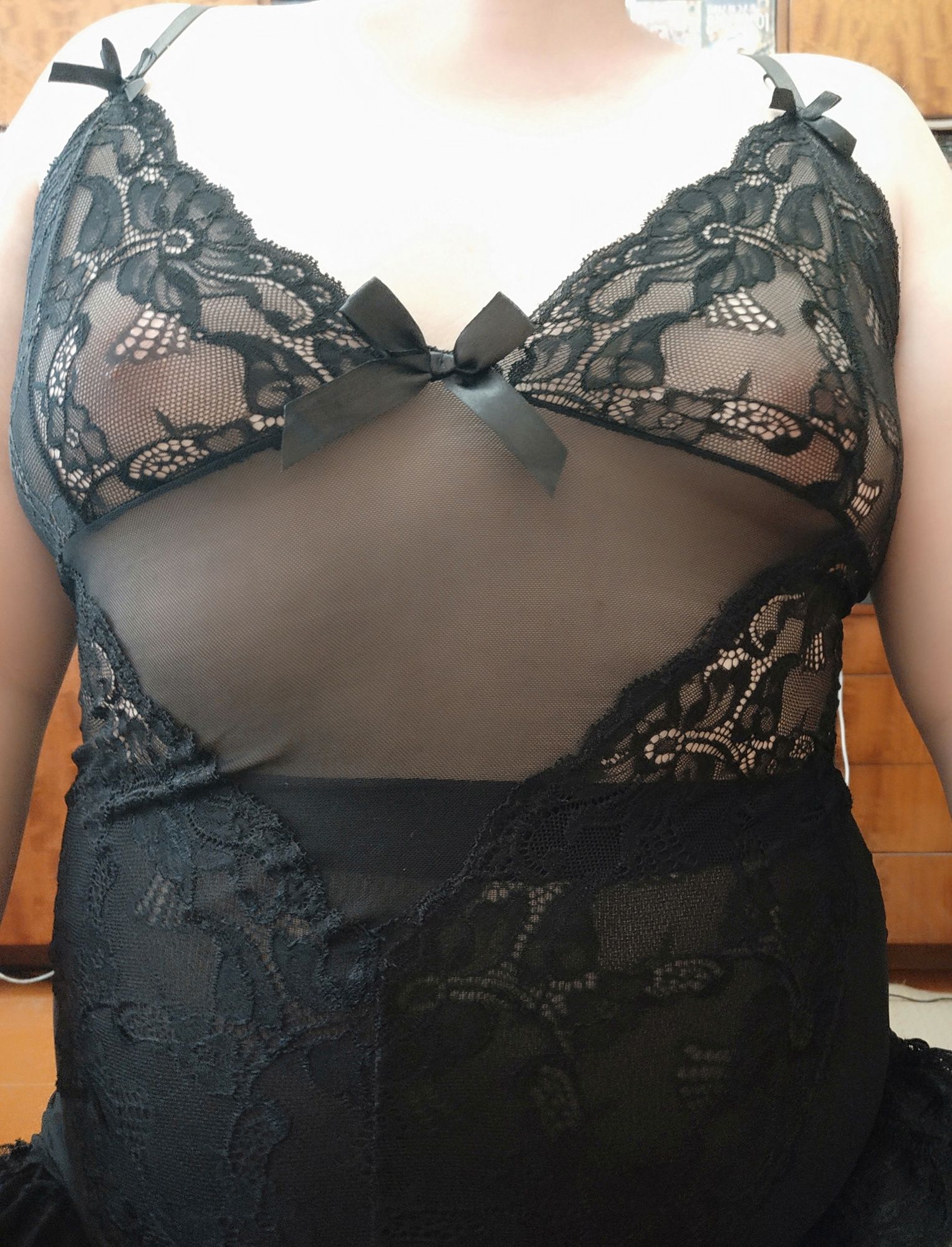 Sissy posing small tits in black nightwear #19