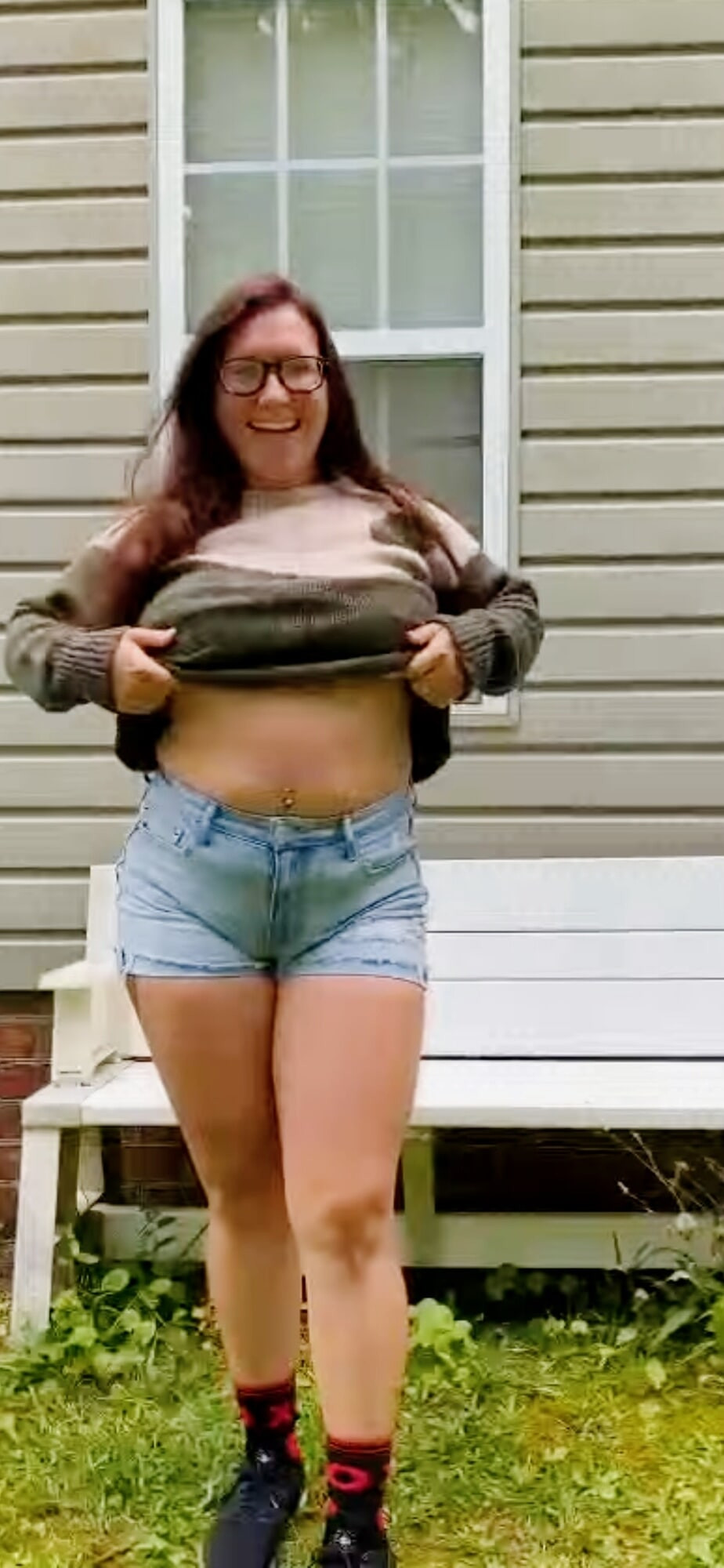 I was outdoors in my green sweater by my 43f boss’s window #21