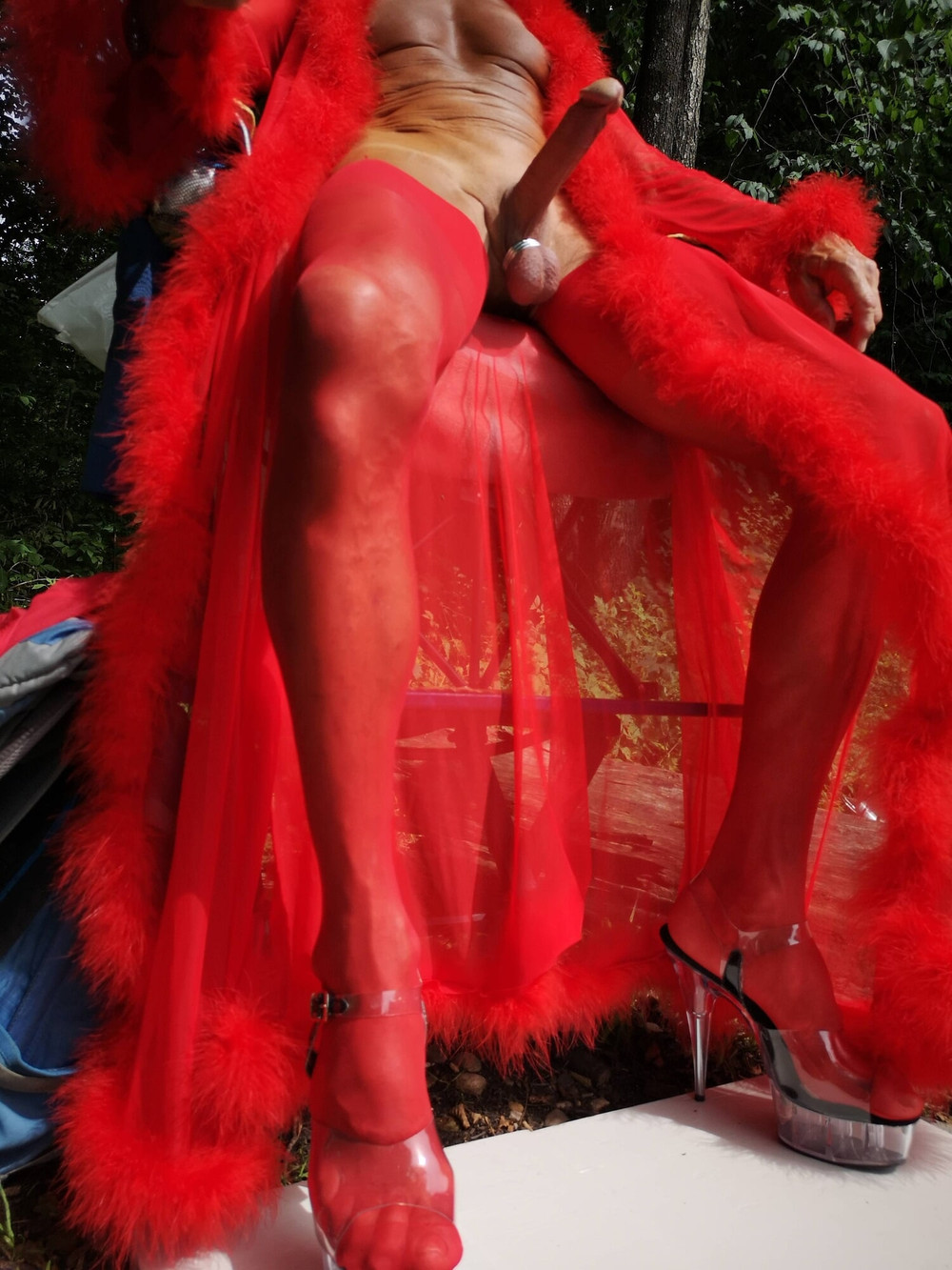 Boner in red Lingerie at public Nudist Lake #23