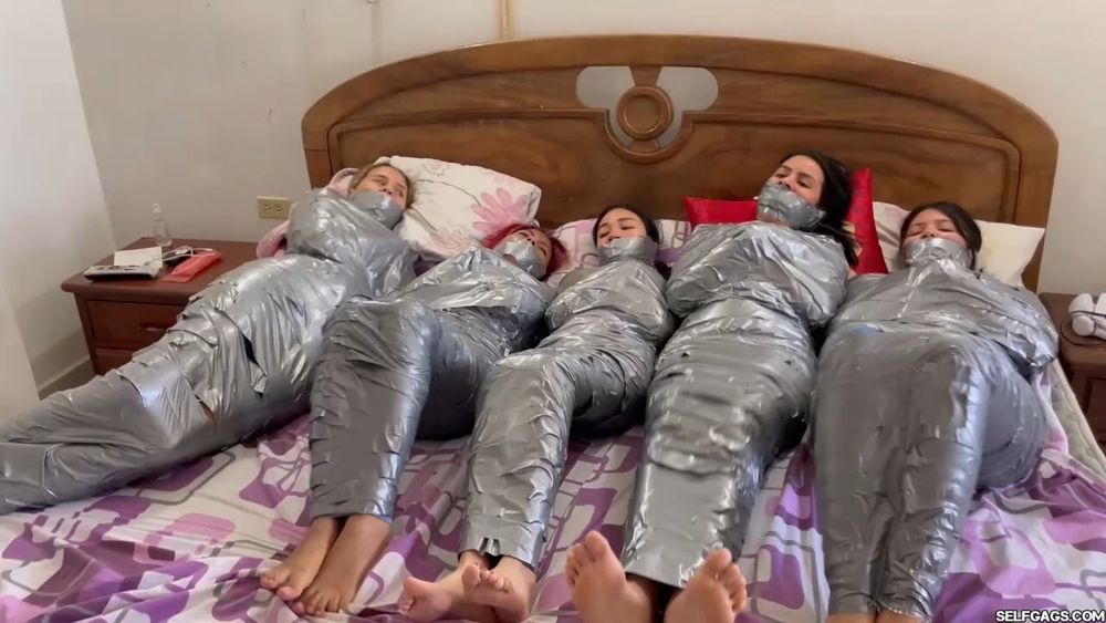 5 Mummified Girls Barefoot In Duct Tape Bondage #23