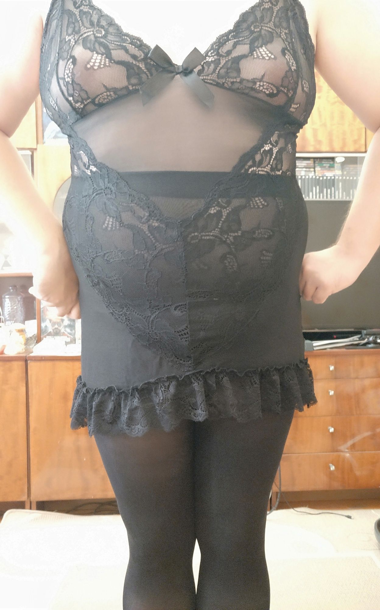Sissy posing small tits in black nightwear #34