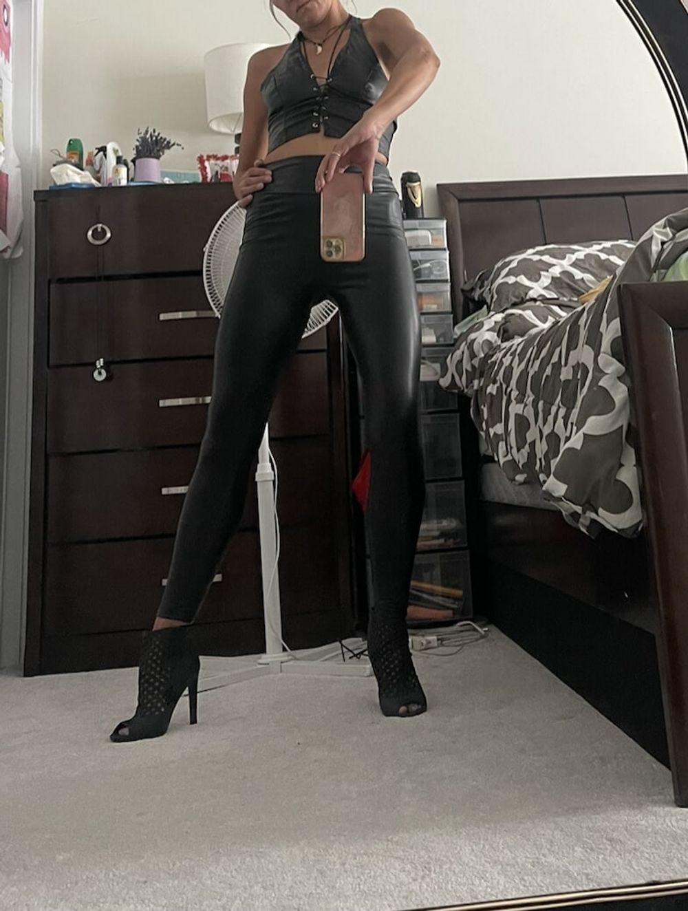 Black leather, heels, mirror, suction dildo #7