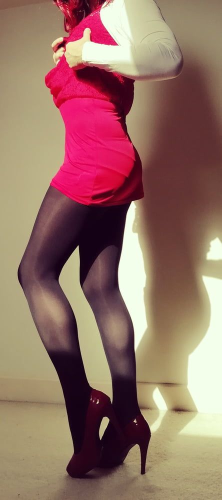 Marie crossdresser in red dress and opaque tights #23