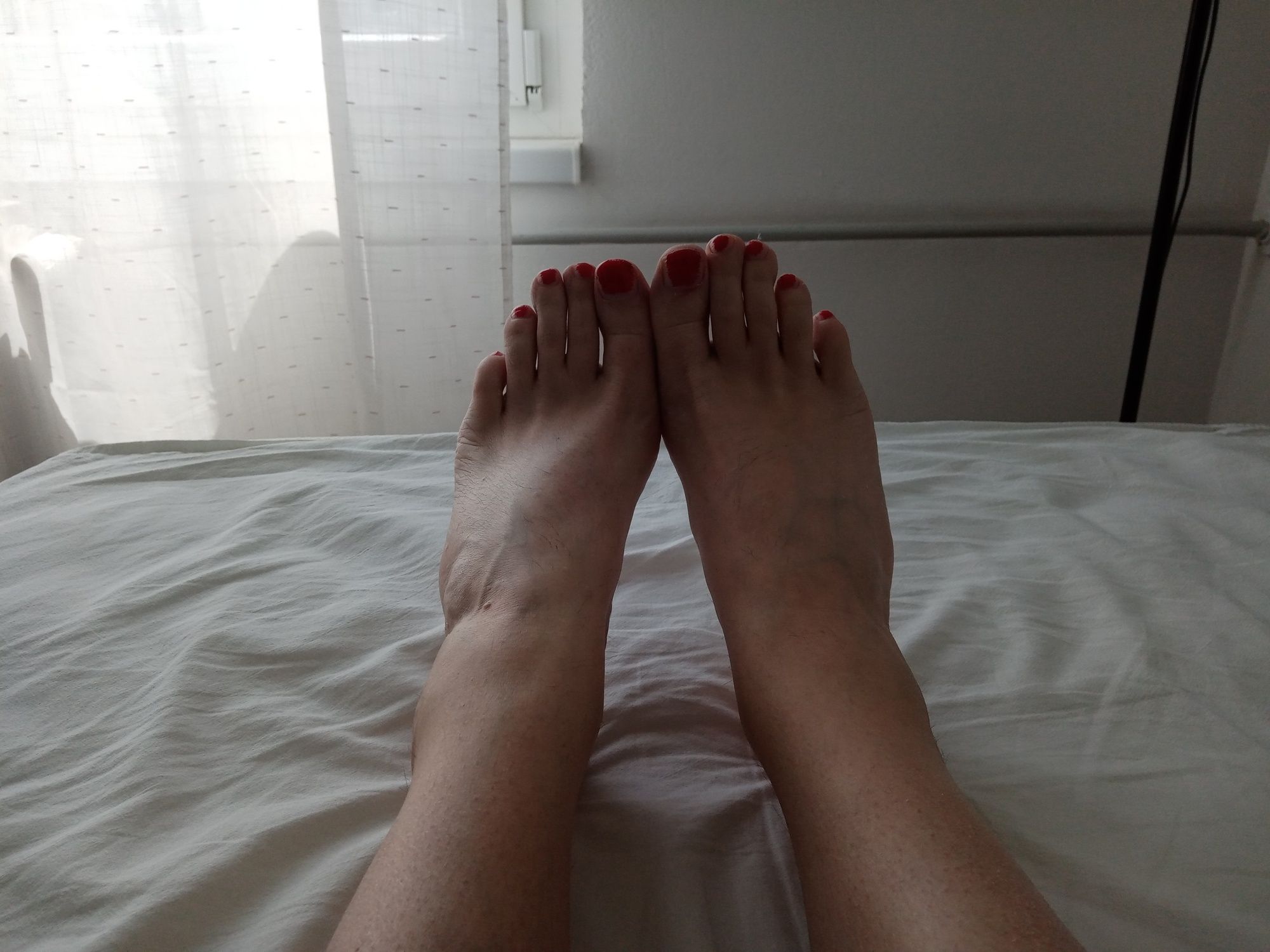 MILF tranny shows off her feet with red painted toes #5