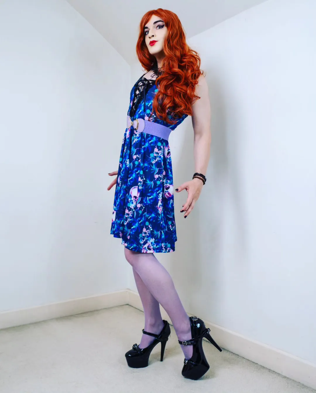 Purple pantyhose fro crossdresser marie metal