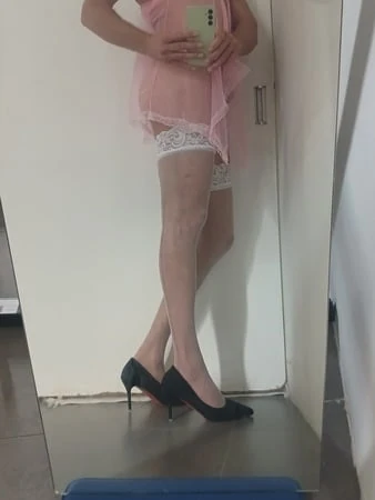 transparent pink nightie white stoking high heels         