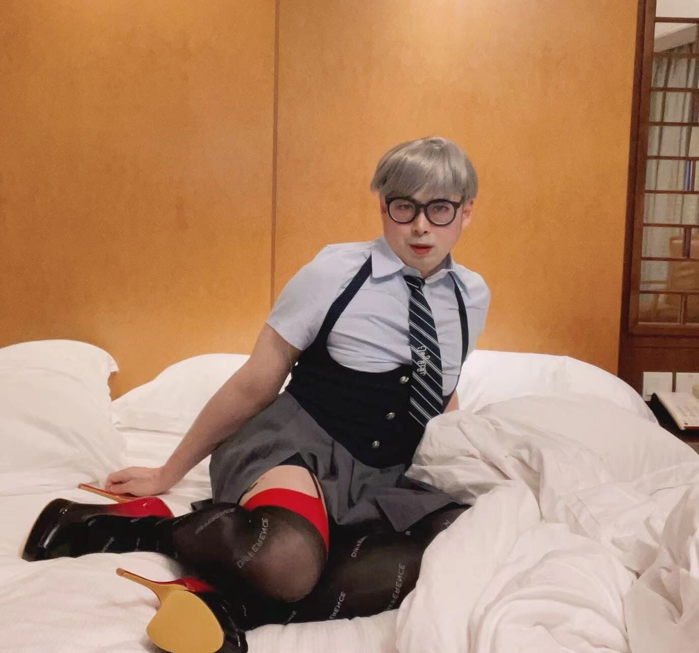 Asian sissy in school girl uniform and black stockings #16