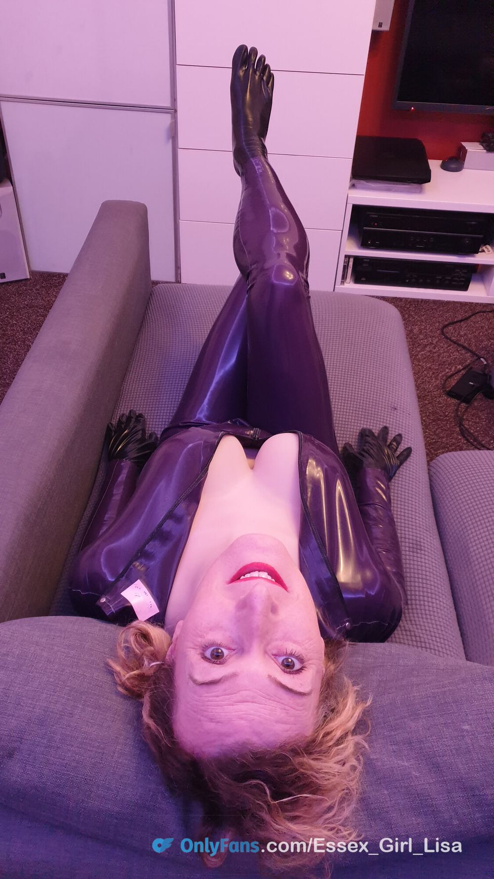 English MILF Lisa showing off in Latex catsuit and toe socks #8