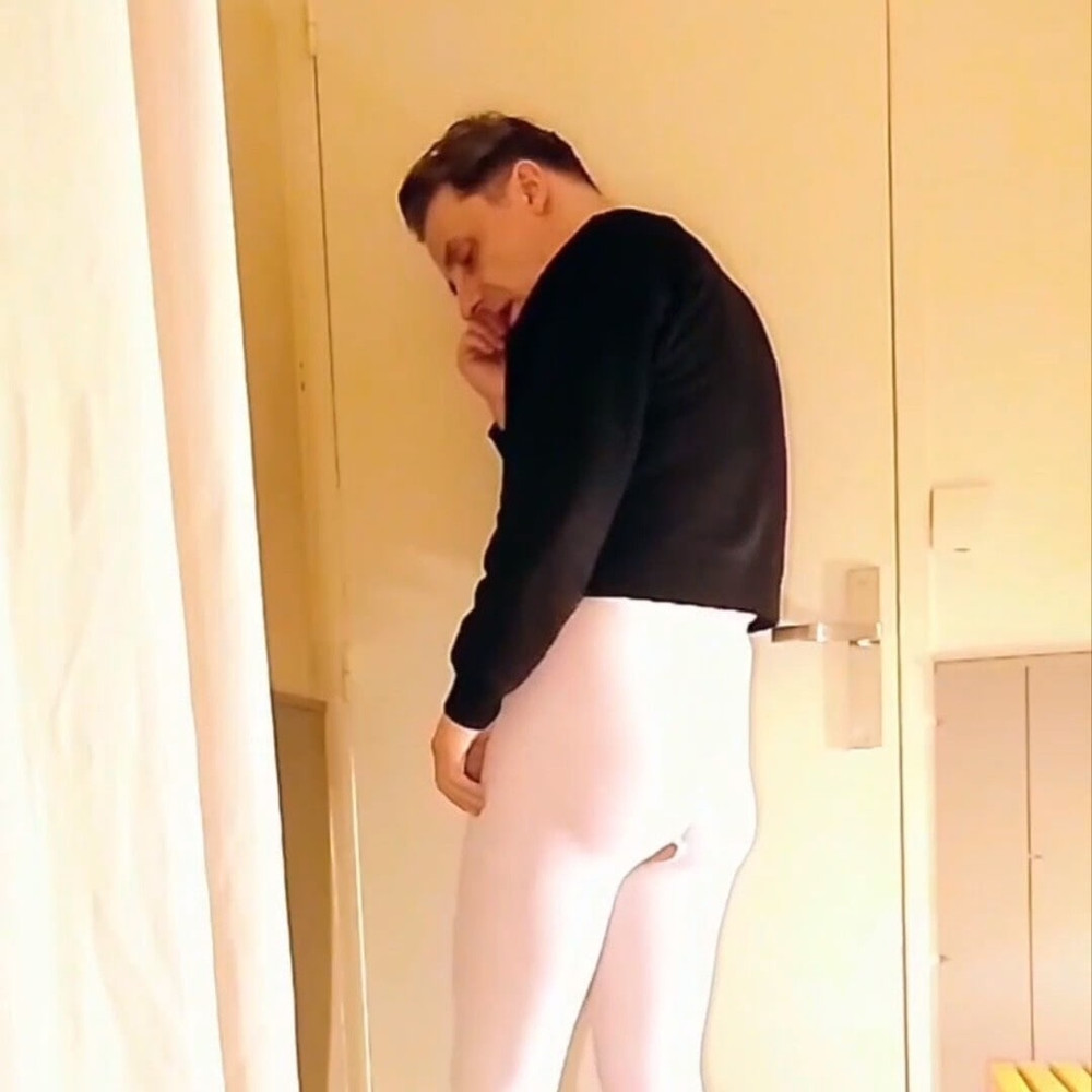 Cock stroking and anal play in white open pantyhose #28