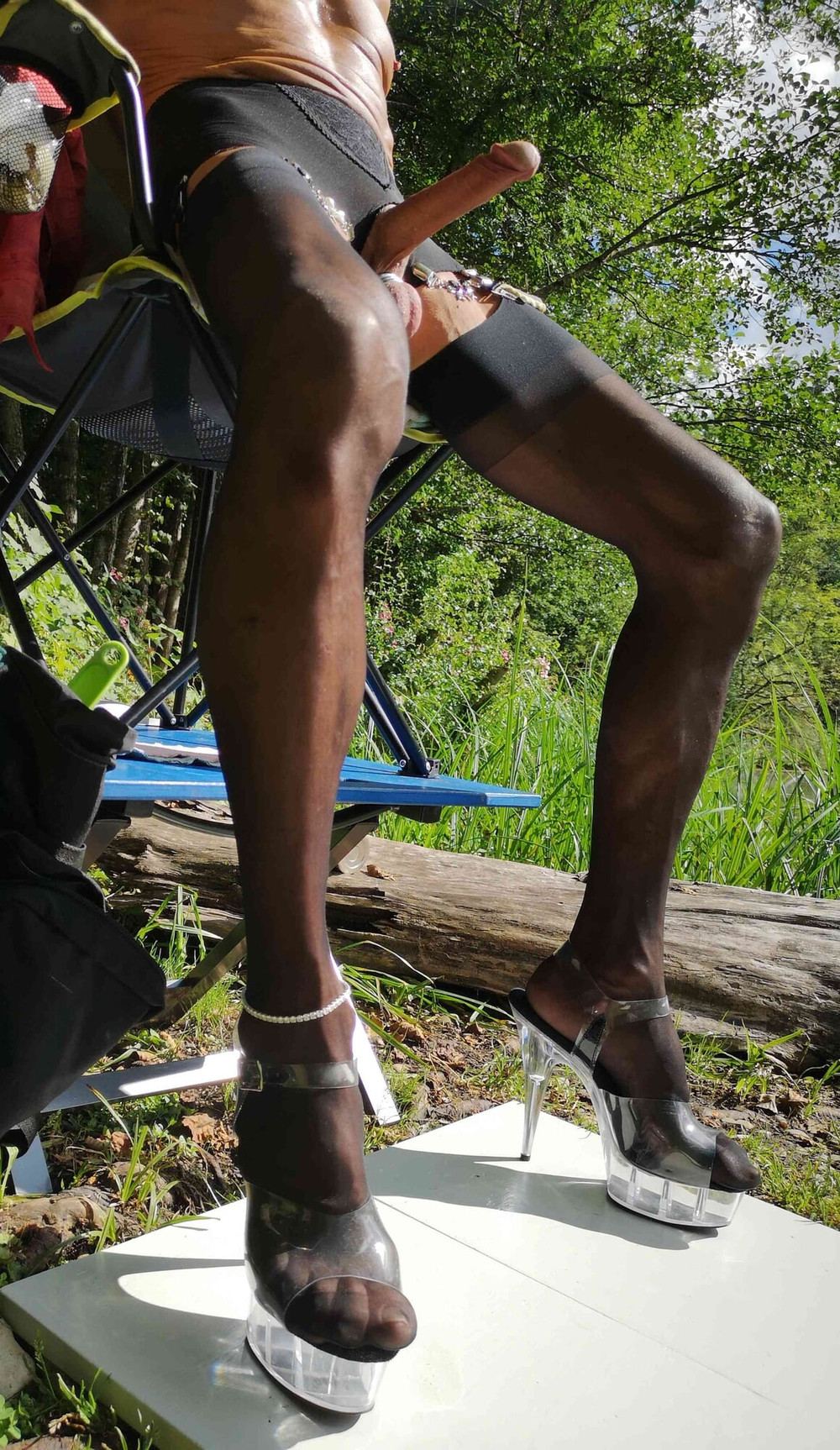 Boner in Suspender Pantie at public Nudist Lake #22