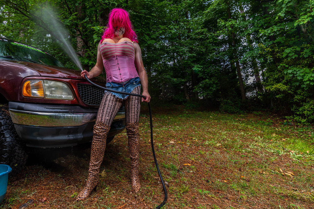 Gigantic fake tits crossdresser washing my truck in Daisy Du #18