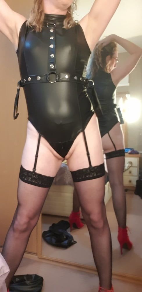Black Wetlook outfit with suspenders and stockings #9