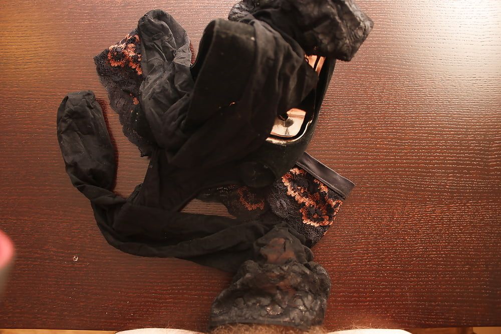 All black:heels, panties, suspenders, stockings, dress, cum #23