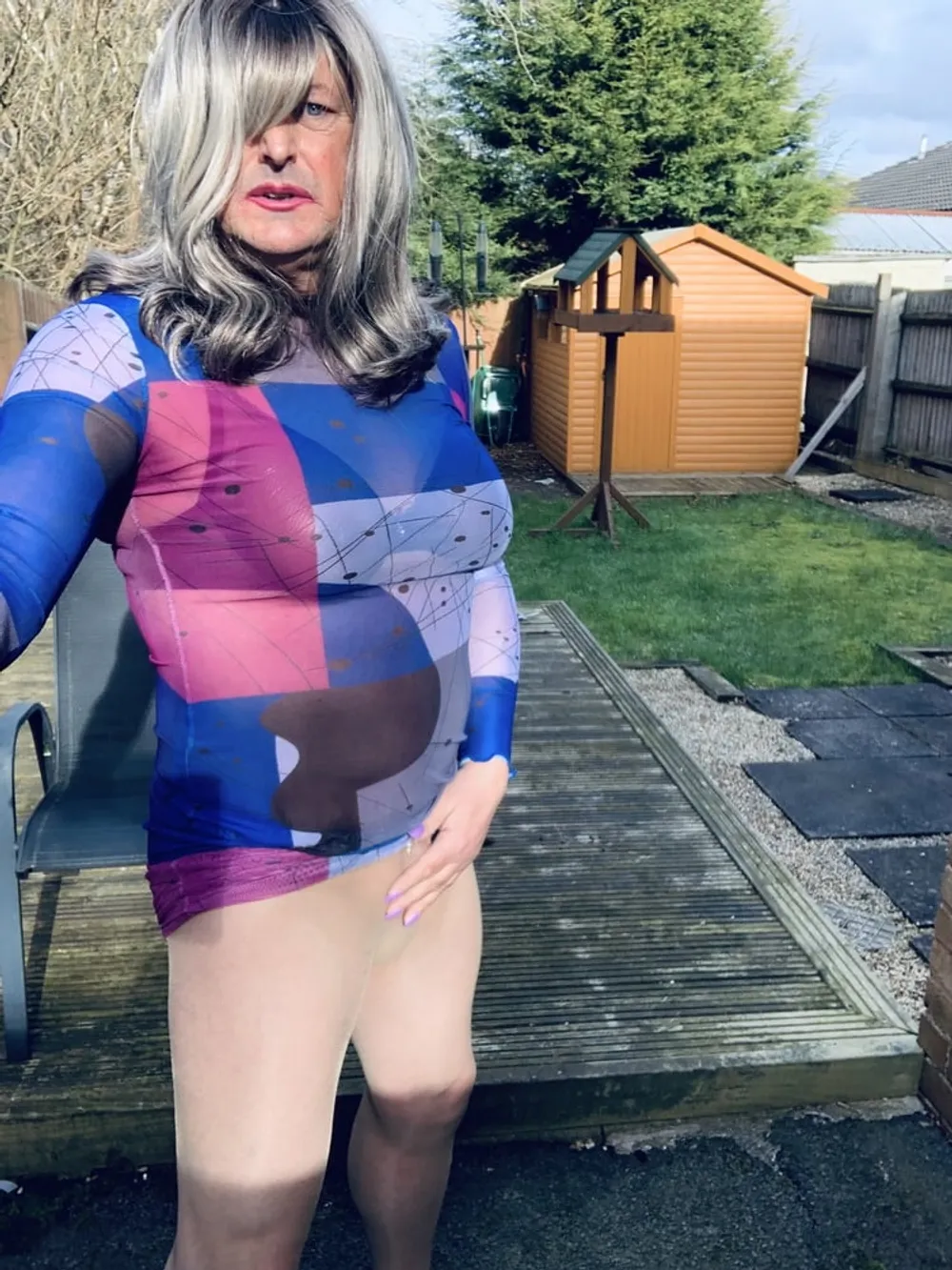 Crossdresser Kellycd in multi colour see thru dress and seam #18