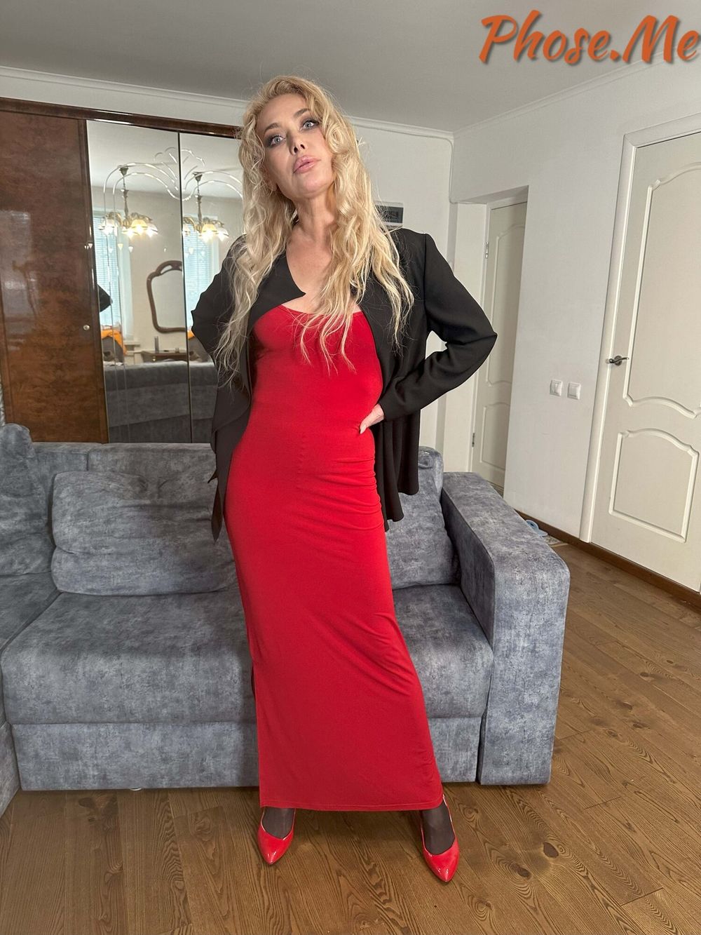 Blonde MIlf In Red Slit Dress, Black Pantyhose and Heels #2