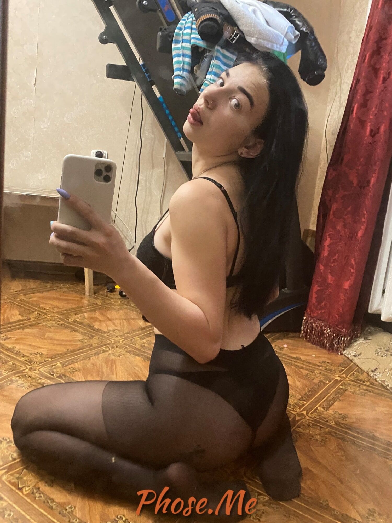 Brunette Beauty Taking Selfies In Black Pantyhose #15