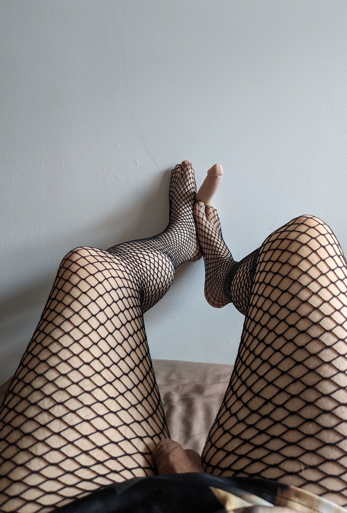 My tiny cock , fishnet and my feet on my dildo  #2
