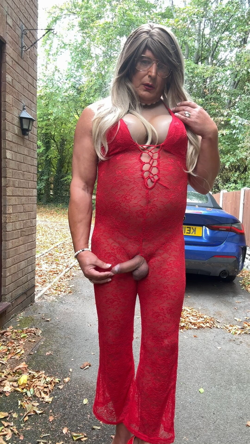Sexy Crossdresser kellycd2022 in red lace jumpsuit and heels #24