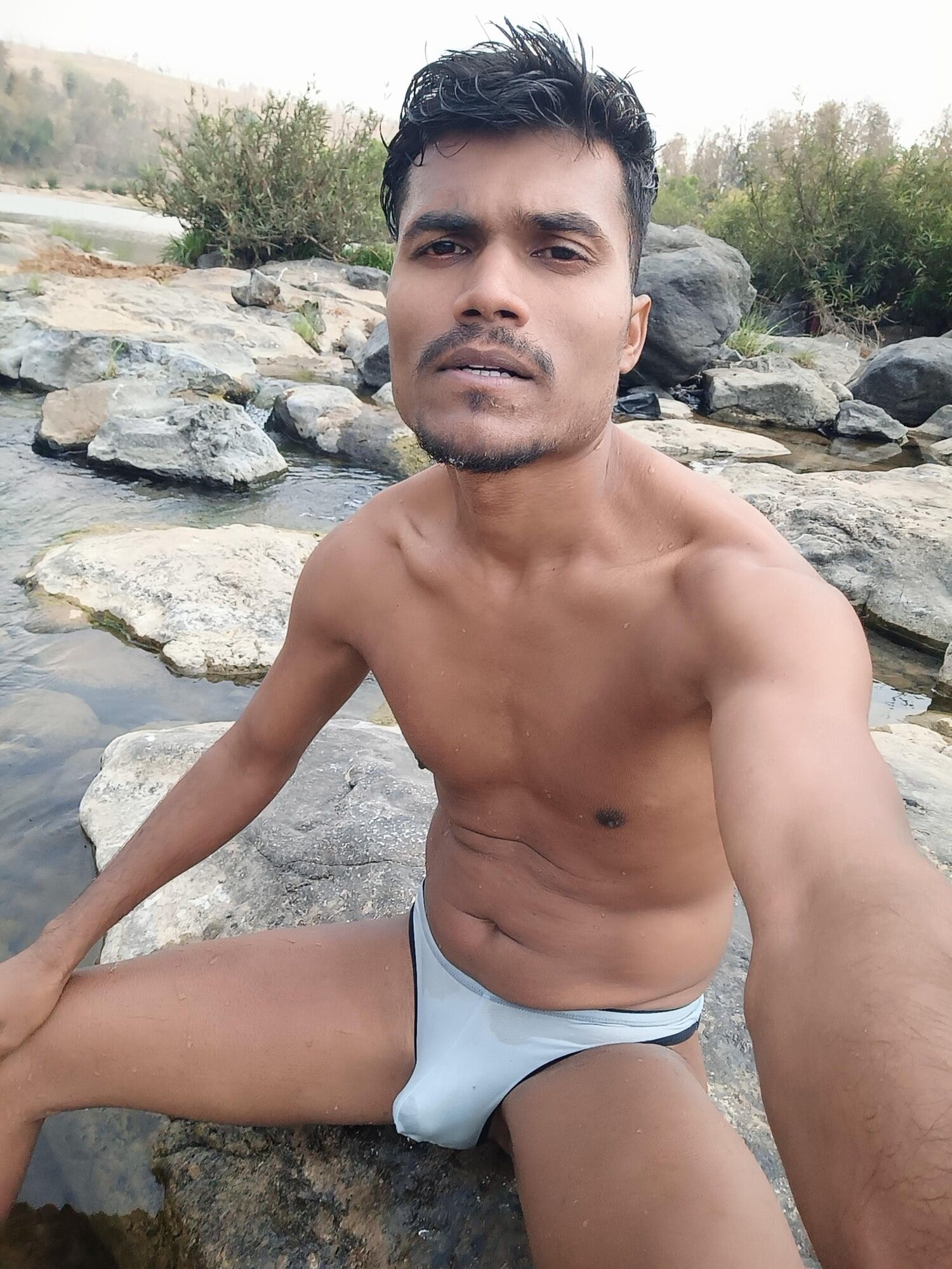 Hot muscular gym boy outdoor in river bathing enjoying swimm #11