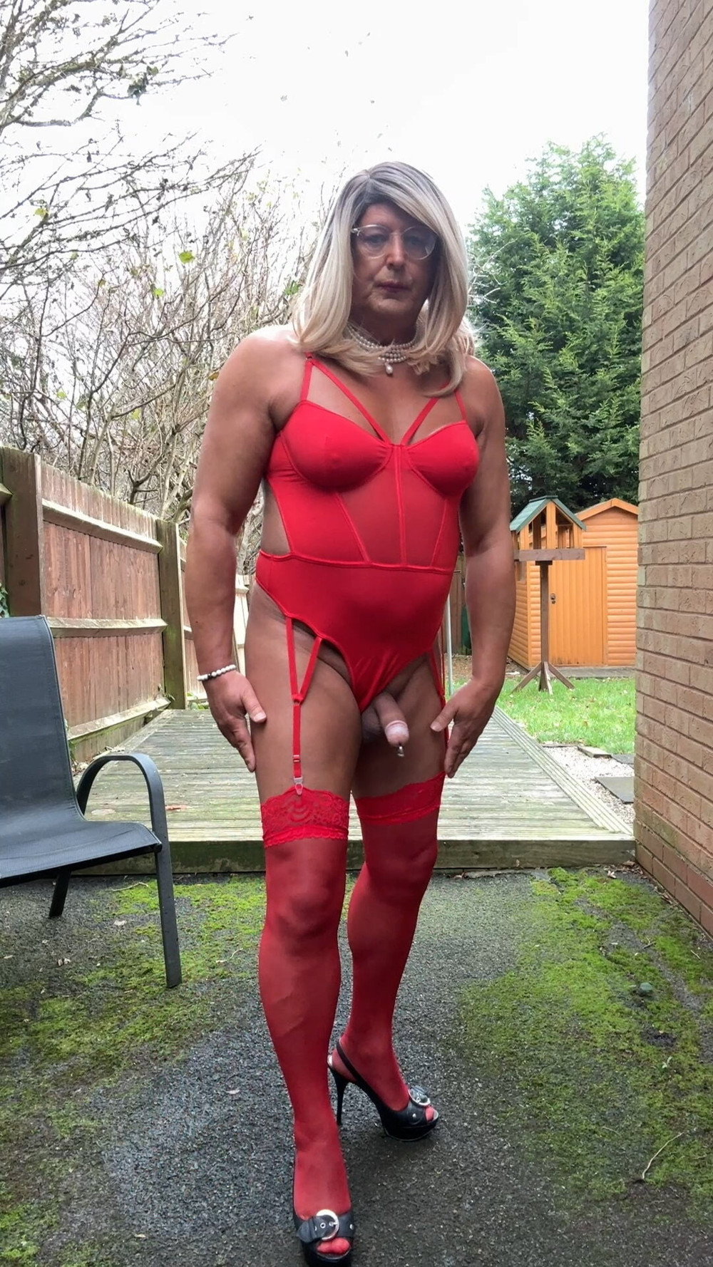 Sexy Crossdresser kellycd2022 in red bodysuit and stockings 