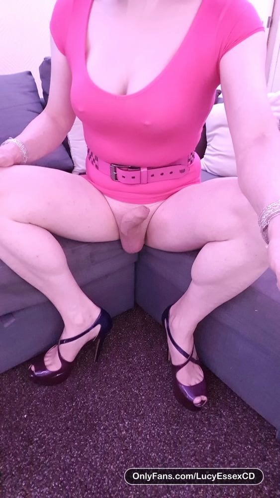 Lucy Essex CD Wanking my big cock in a pink mini dress #9