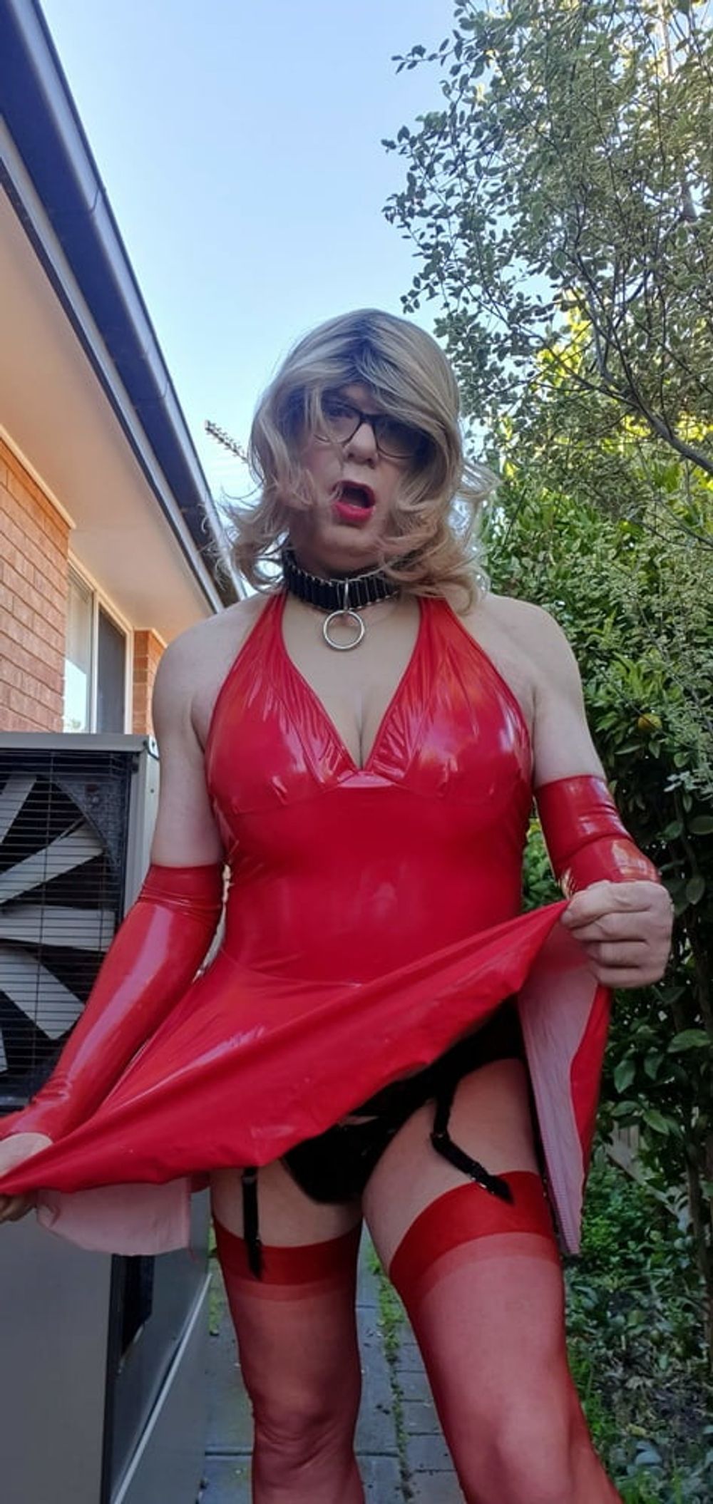 Rachel Wears Red PVC Dress #8