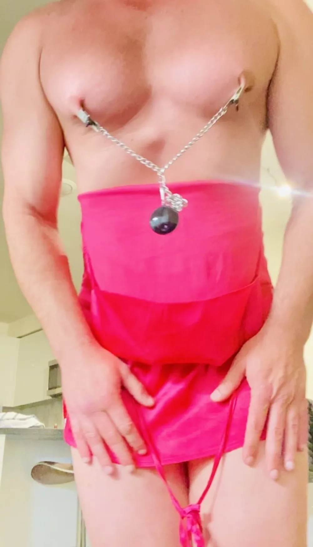 Posing In Sexy Pink Satin Dress with Strong Nipple Clamps  #2