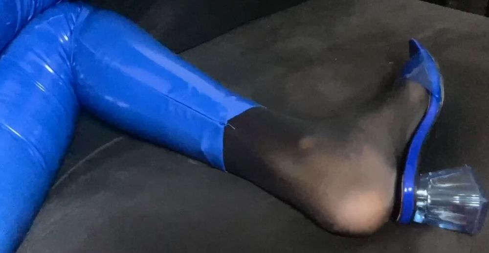 Blue Heels, Blue Leggings and Nylon Feet #7