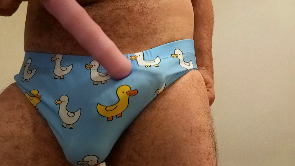 Small penis bulge cum in cute duck speedo, brief, trunks. #23