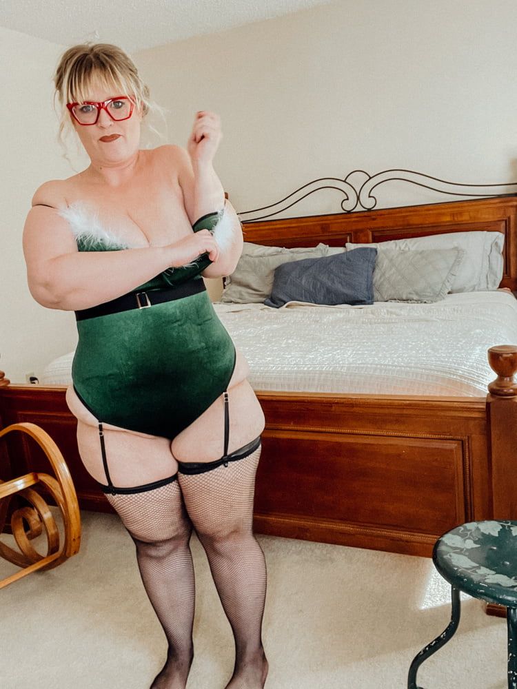 BBW Christmas Elf in Fishnet Thigh Highs and Heels #8