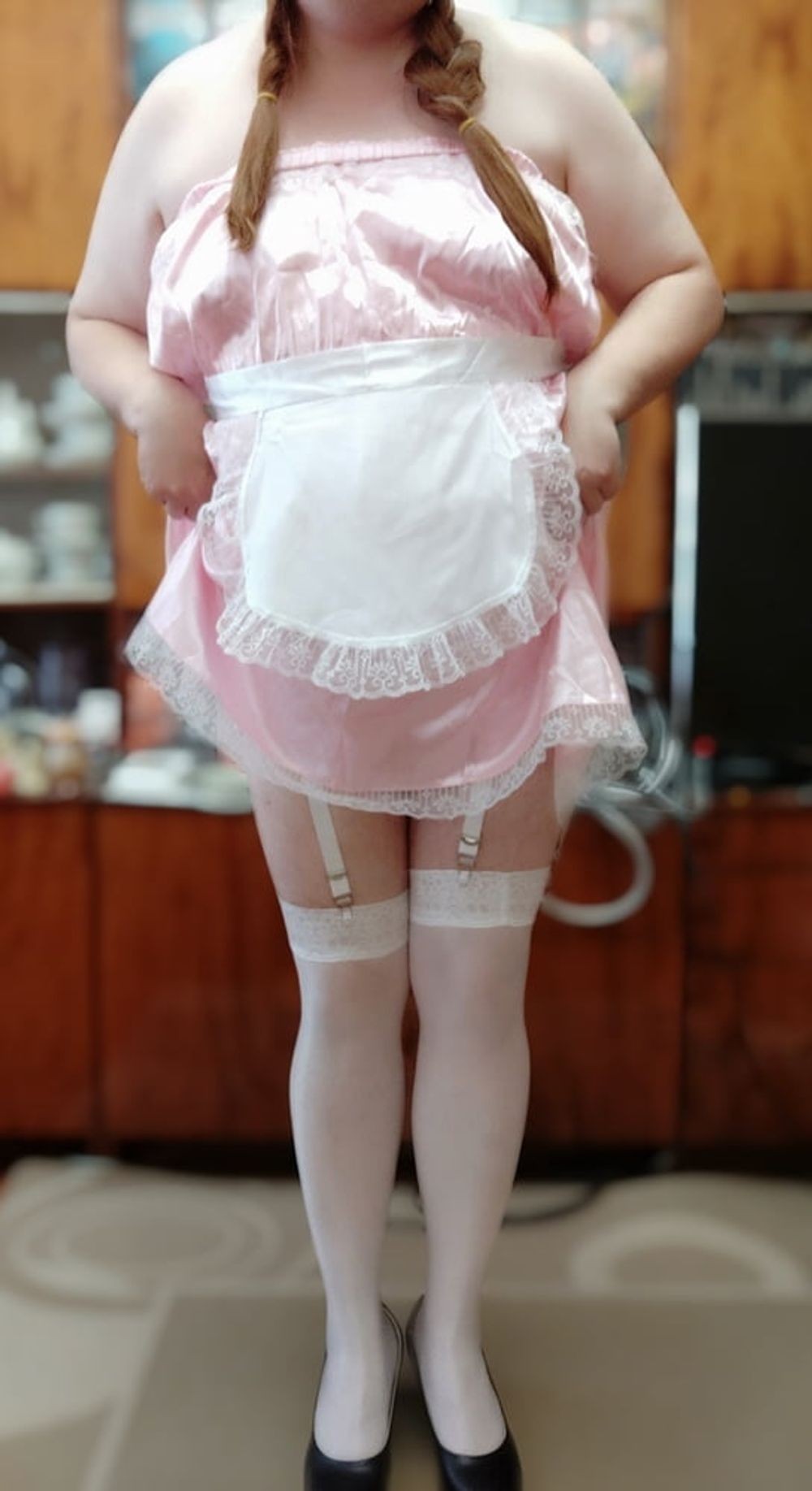 Sissy maid posing in white stockings #26