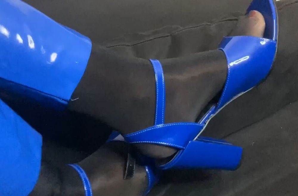 Blue Heels, Blue Leggings and Nylon Feet #11