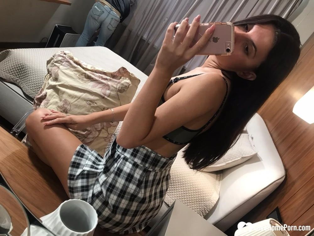 Hot schoolgirl reveals her tits in the mirror #15
