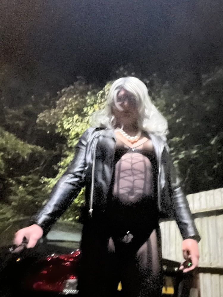 Crossdresser Kellycd masturbating in black bodysuit outdoor  #45
